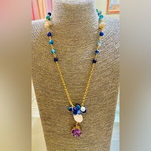 Custom Mother of Pearl and  Amethyst Gold and Blue Quartz Necklace